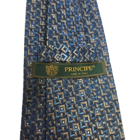 Principe Geometric Necktie Men's Silk Tie 100% Italian Silk Tie Blue with Gold - Picture 2 of 5
